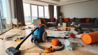 a vacuum cleaner is sitting on the floor in a messy living room.