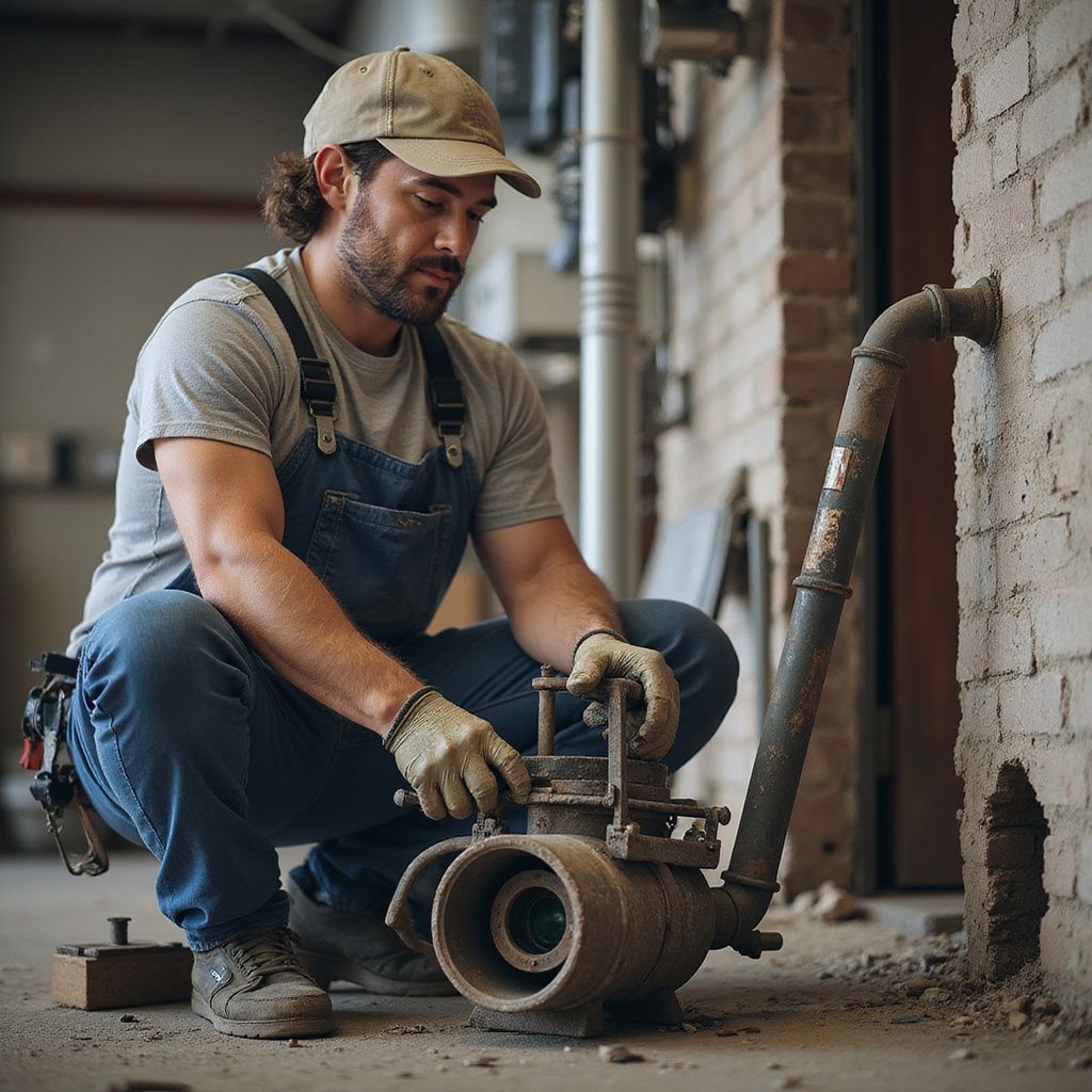 A person in overalls and a hat squats, working on a pipe in a brick-walled setting.