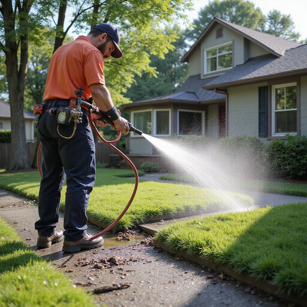Man spraying lawn with water hose near a house.