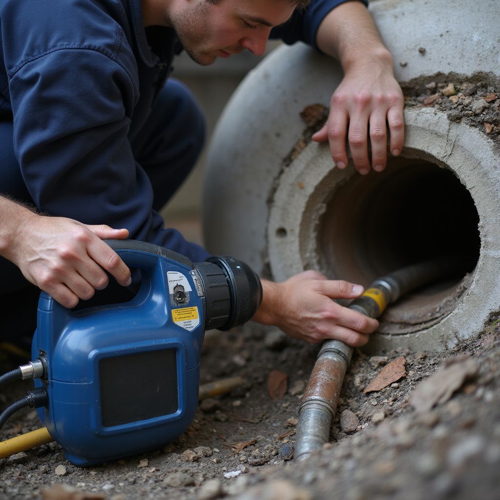 Man uses a blue camera to inspect a pipe within a concrete tunnel.