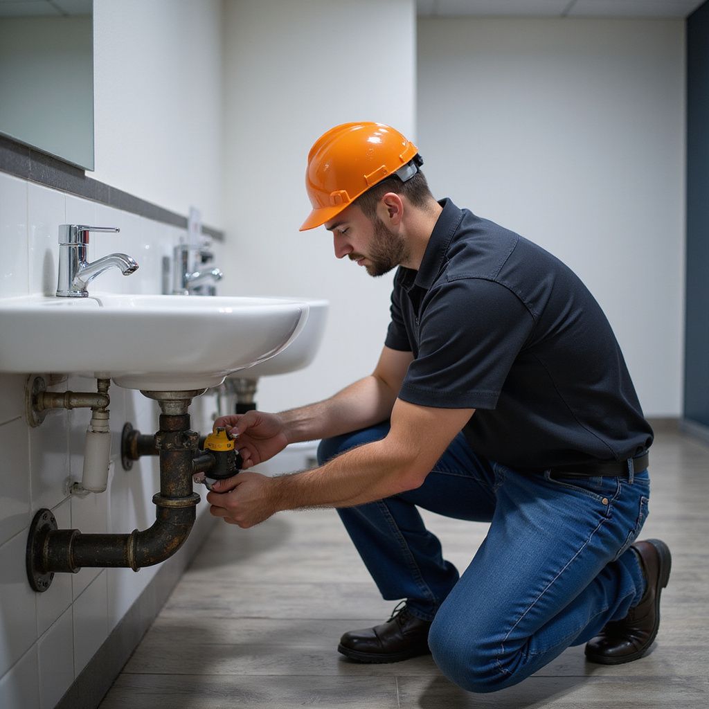 Plumber in orange hard hat working on pipes under a sink in a bathroom.