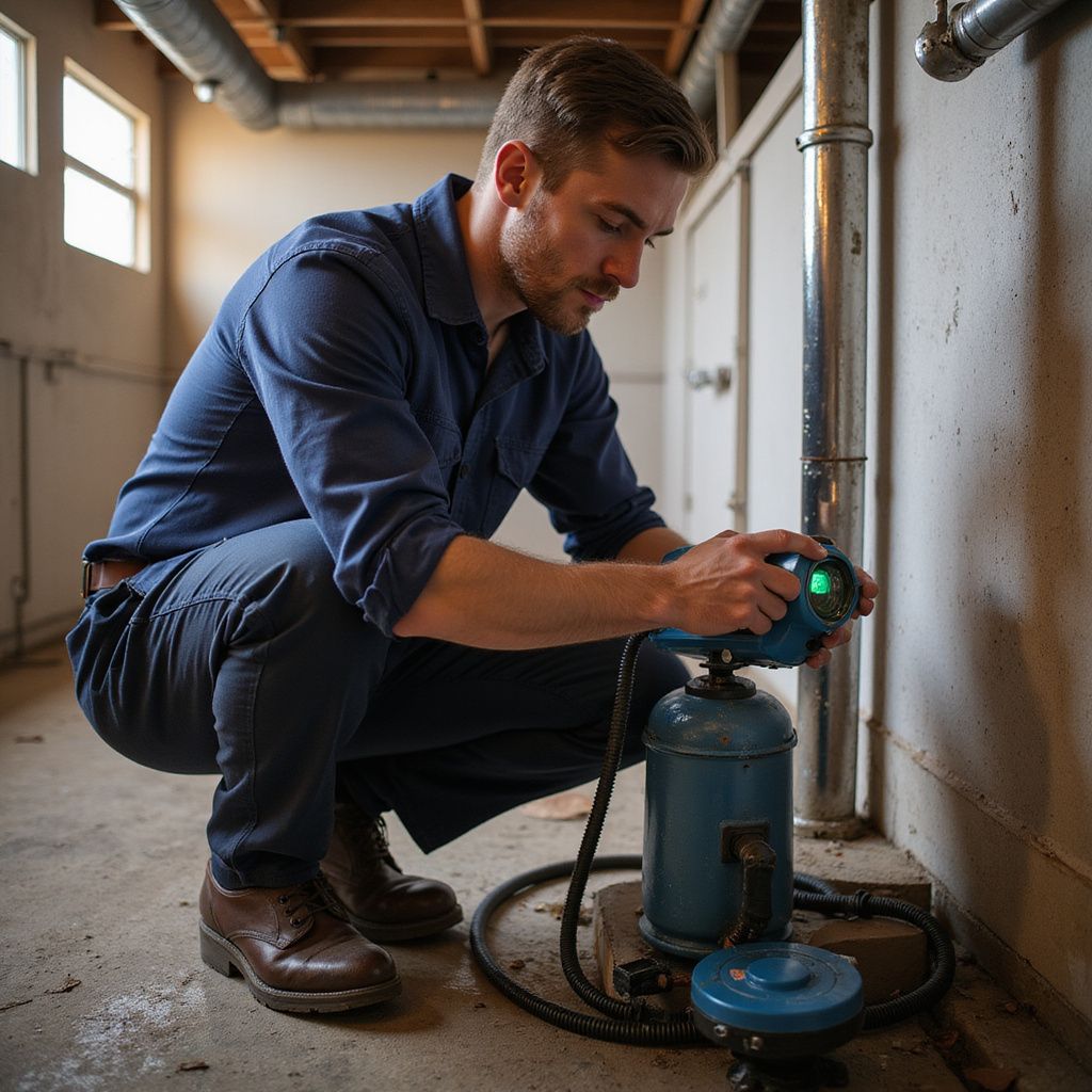 Man in work clothes examines a blue machine in a basement.
