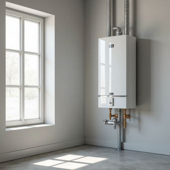 White wall-mounted water heater in a gray room next to a window; pipes and vents attached.