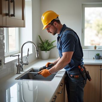 Plumber in yellow hard hat working on a kitchen sink, wearing gloves and tool belt.