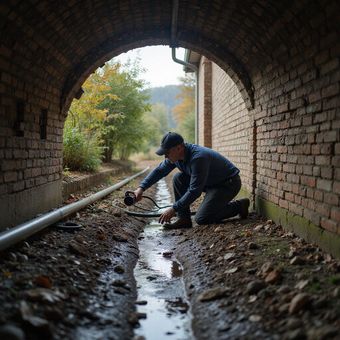 Man kneels in brick tunnel, using a device over a water channel. Outdoors with trees visible.