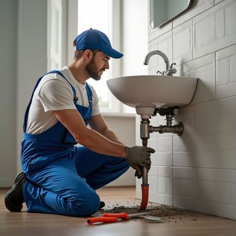 Plumber in blue overalls kneels, repairing sink pipes in a bathroom.