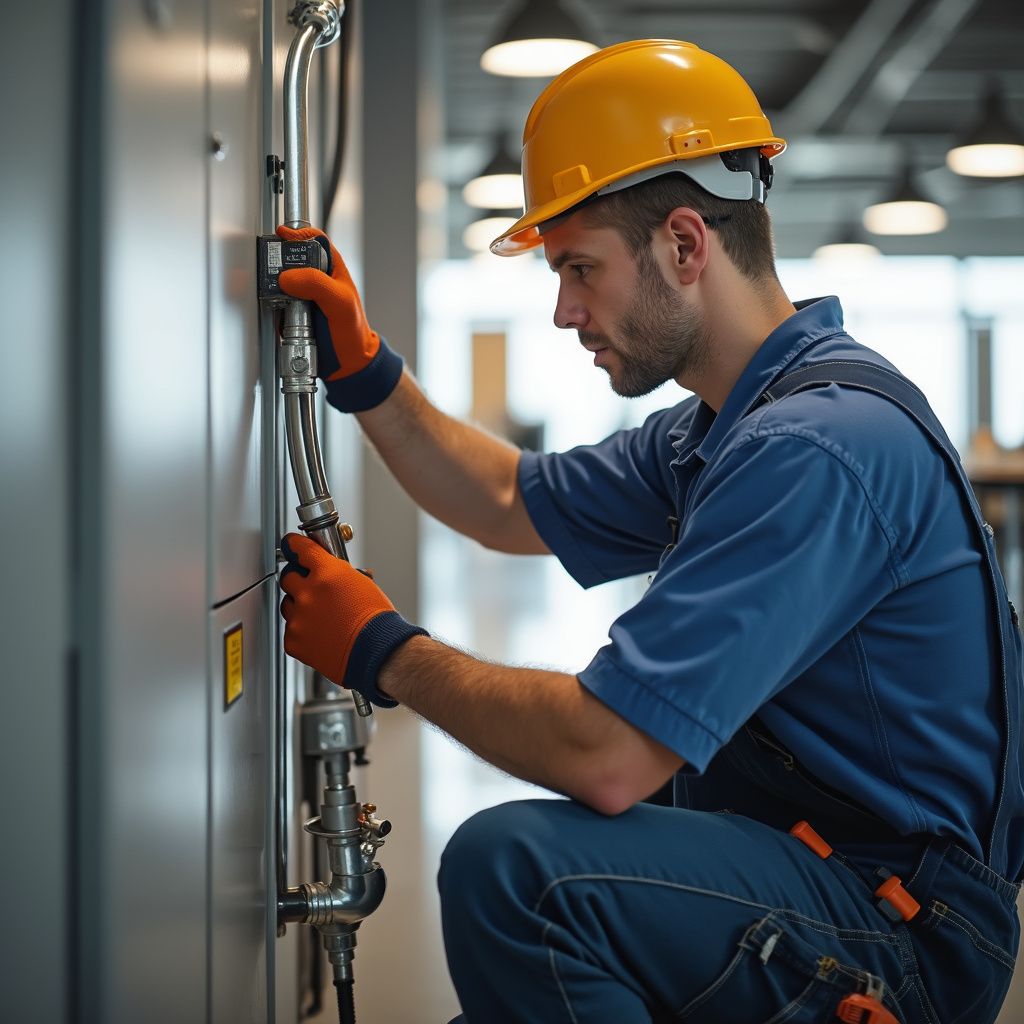 Electrician in a hard hat and gloves working on machinery.
