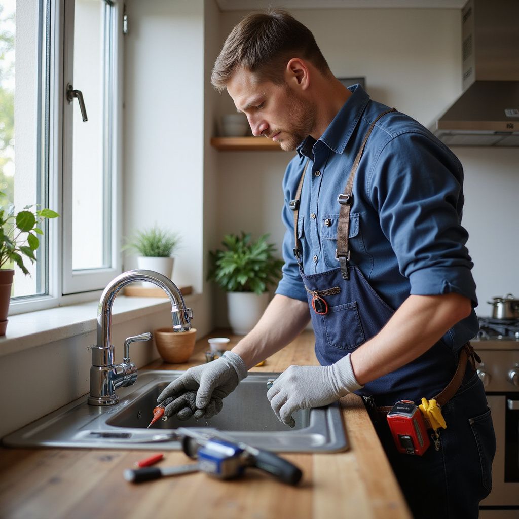 Plumber working on a kitchen sink, wearing gloves and overalls.