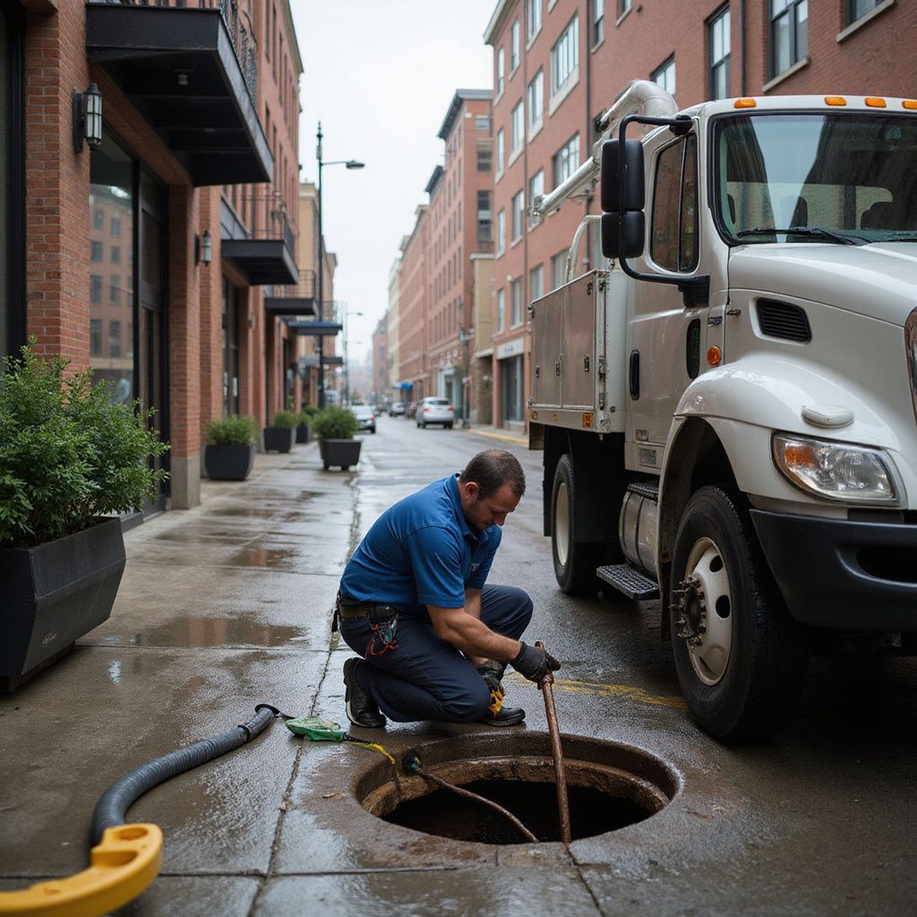 Man kneels beside open manhole in a city street, working with a copper pipe, truck parked nearby.