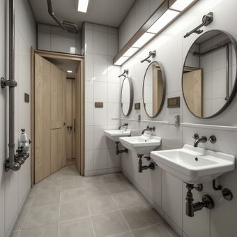 Public bathroom with three sinks, mirrors, and a wooden door.