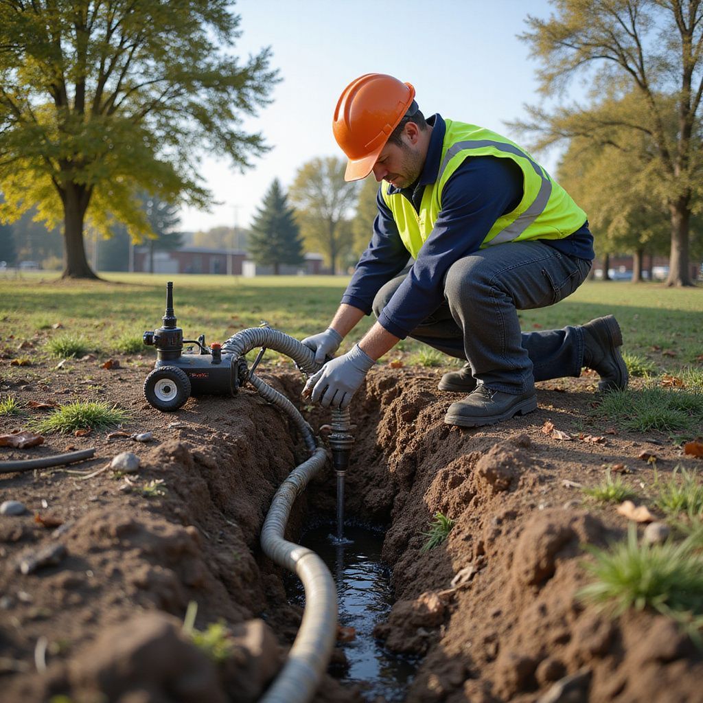 Construction worker in orange hard hat and safety vest, working on a pipe in a trench outdoors.