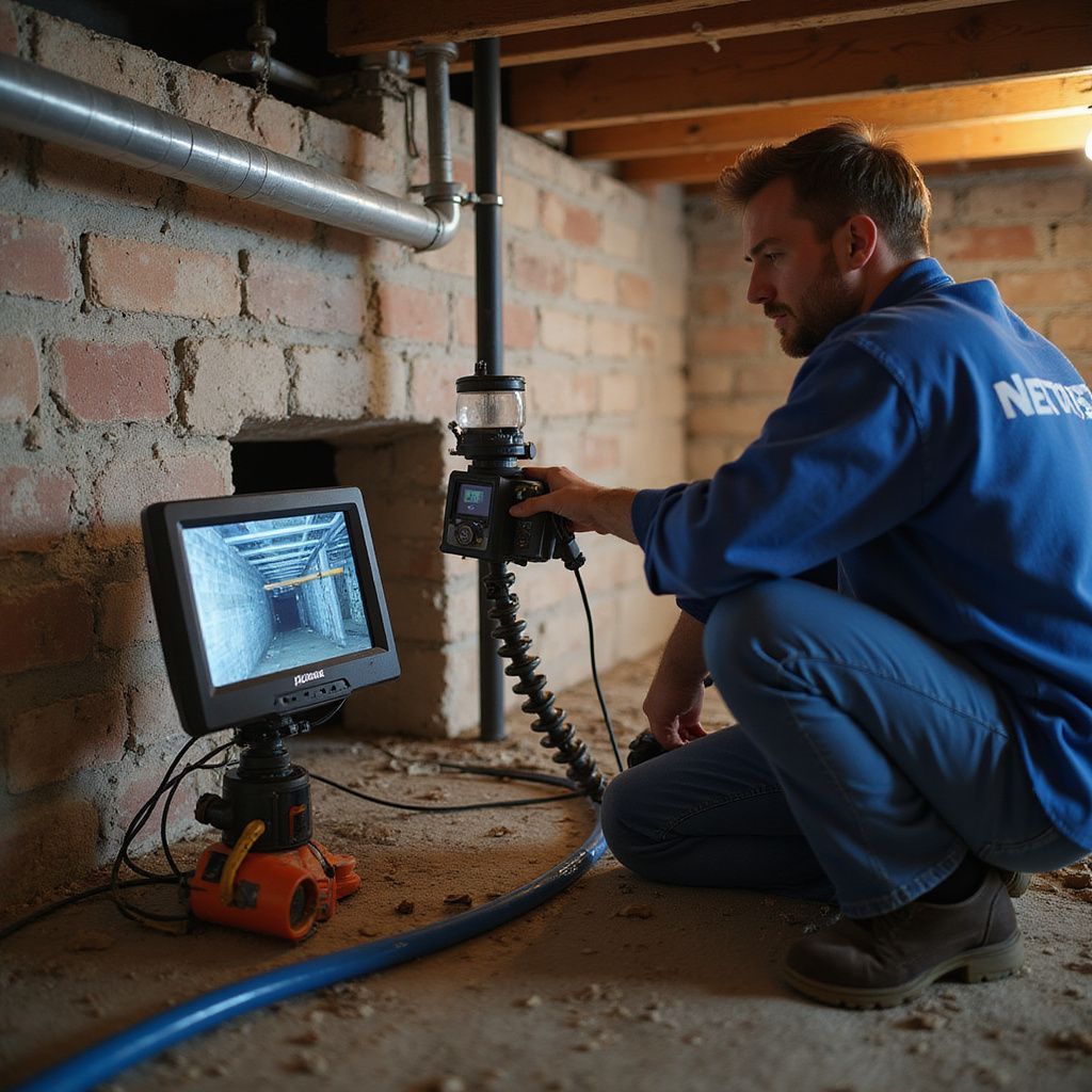 Plumber inspecting pipes with a camera in a basement. He kneels, using a monitor and a camera on a tripod.
