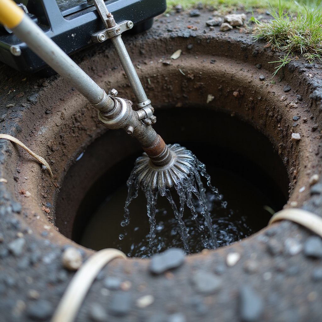 Water jets from a sewer line being cleaned, outdoors.
