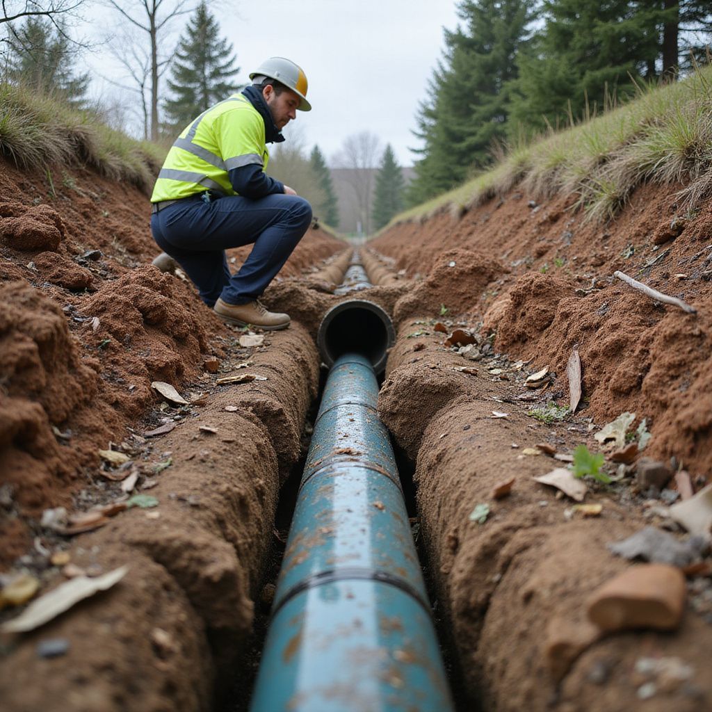 Construction worker in yellow vest inspecting a buried blue pipe in a trench.