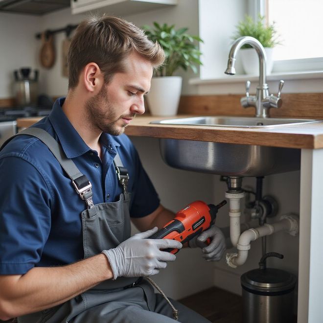 Plumber in gray overalls and gloves works under a kitchen sink with a power tool.