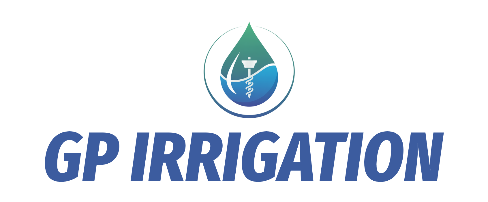 A logo for gp irrigation with a drop of water in the middle.