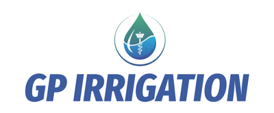 A logo for gp irrigation with a drop of water in the middle.