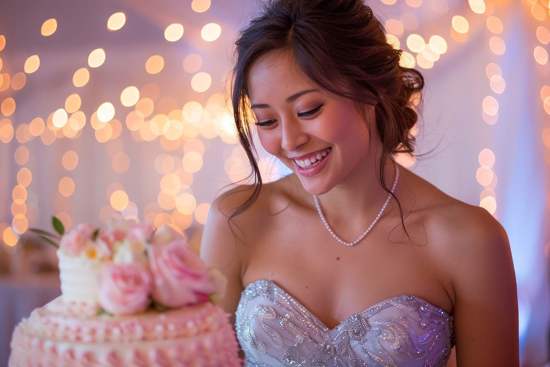 A woman in a wedding dress is cutting a wedding cake 
