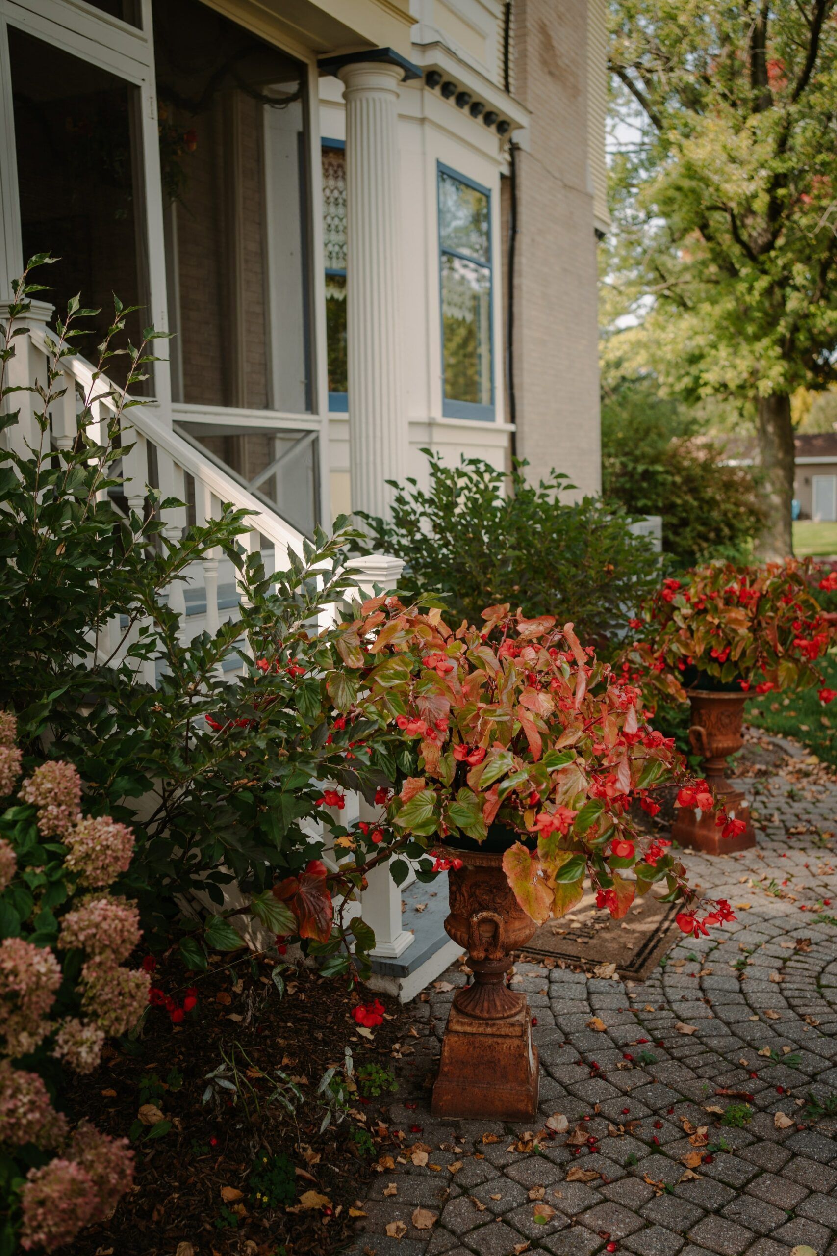 A house with a screened in porch and flowers in front of it.