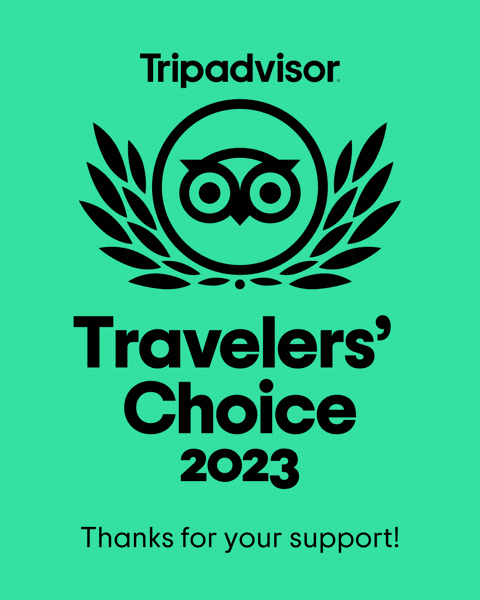 A green sign that says travelers choice 2023