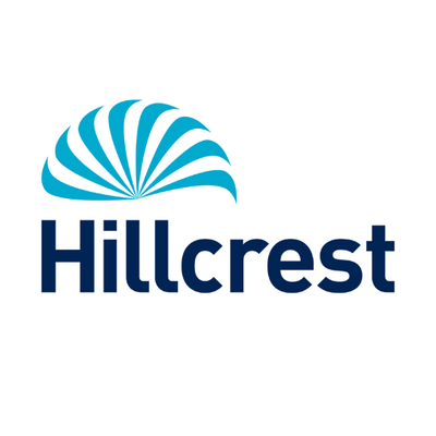 the hillcrest logo is blue and white with a blue swirl in the middle .