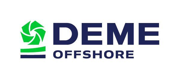 a blue and green logo for deme offshore group.