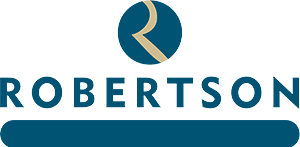 the logo for Robertson construction is a blue circle with a letter R on it .