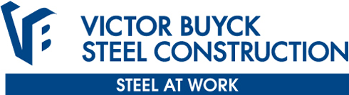 the victor buyck steel construction logo is blue and white .