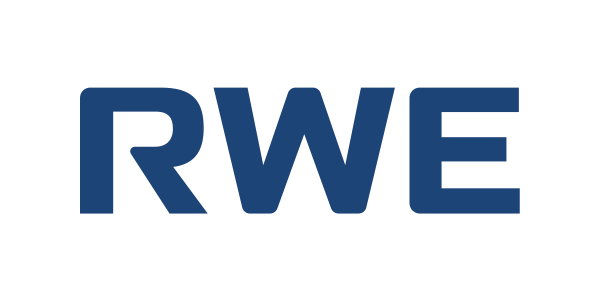 the rwe logo is blue and white on a white background .