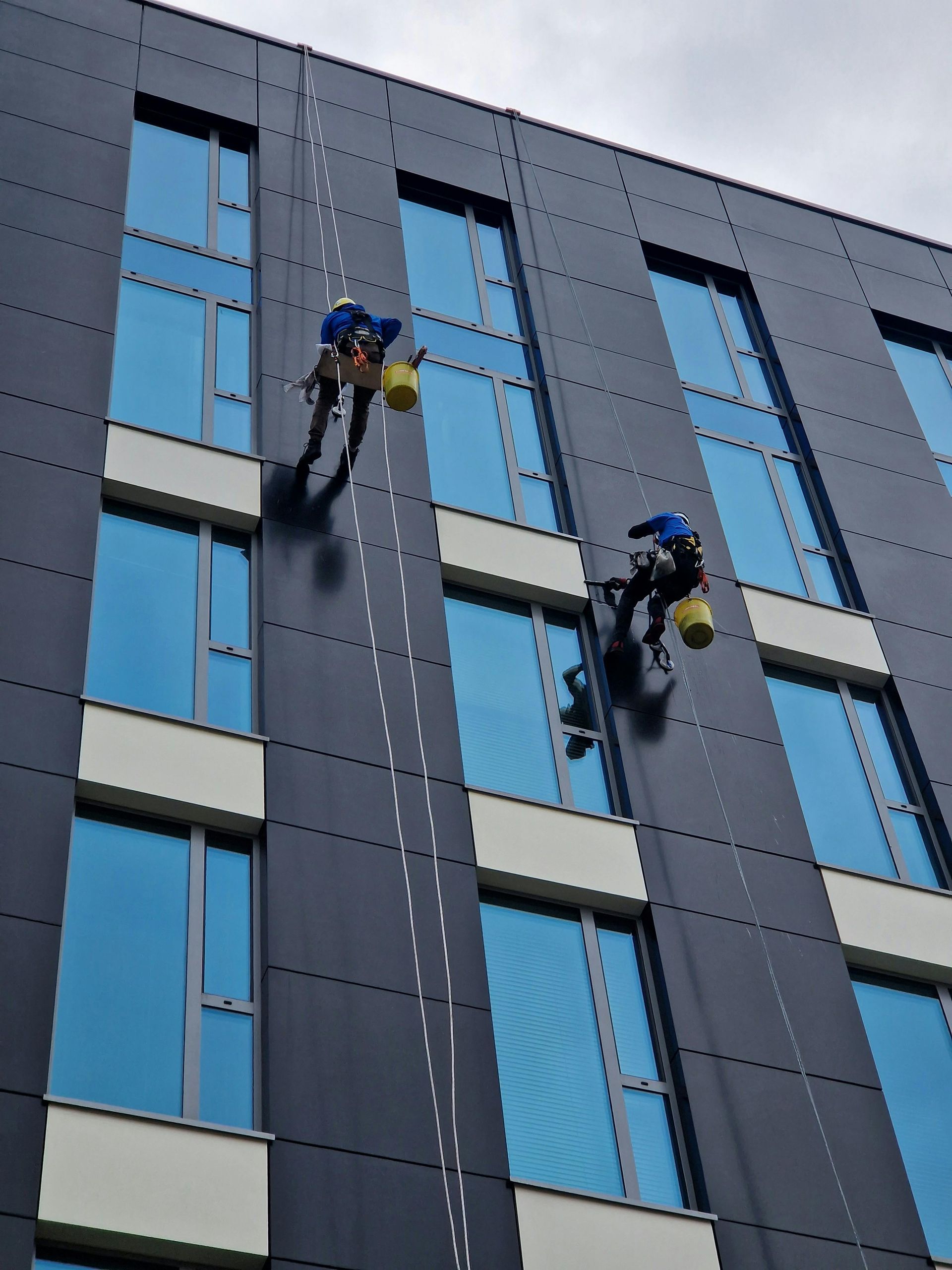 Two men are cleaning the windows of a building using rope access