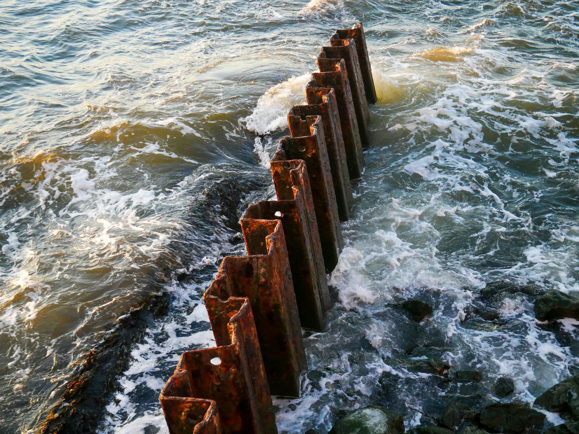 A row of rusty metal posts in the water.