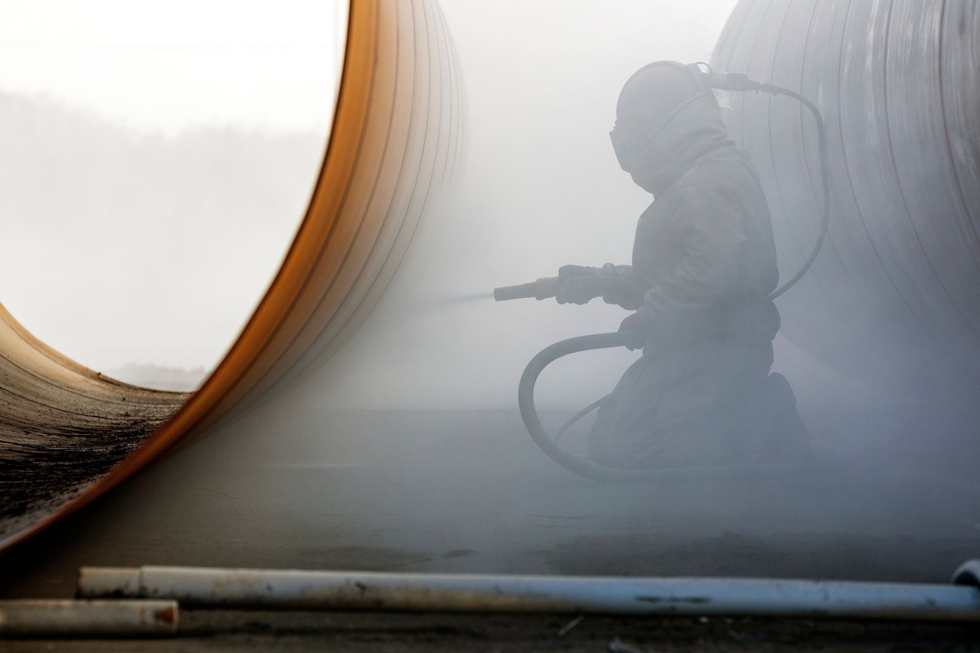 A man is using abrasive blasting techniques to cleaning a pipe creating  a lot of dust.