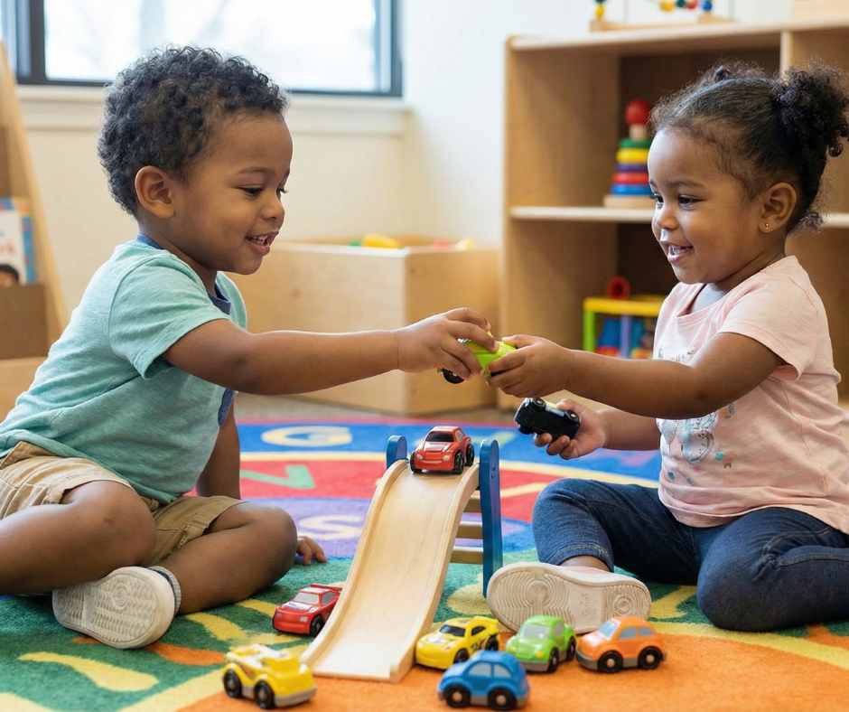 Two children sitting on a carpet, playing with toy cars and a wooden ramp, smiling.