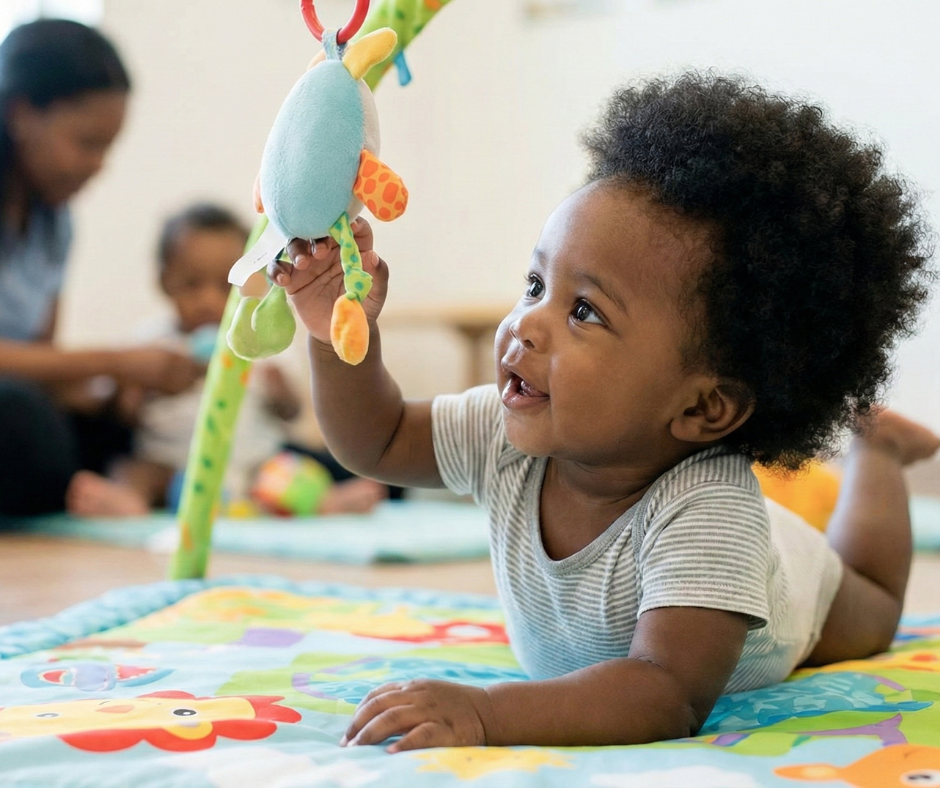 Baby reaching for colorful hanging toy, smiling, on playmat.