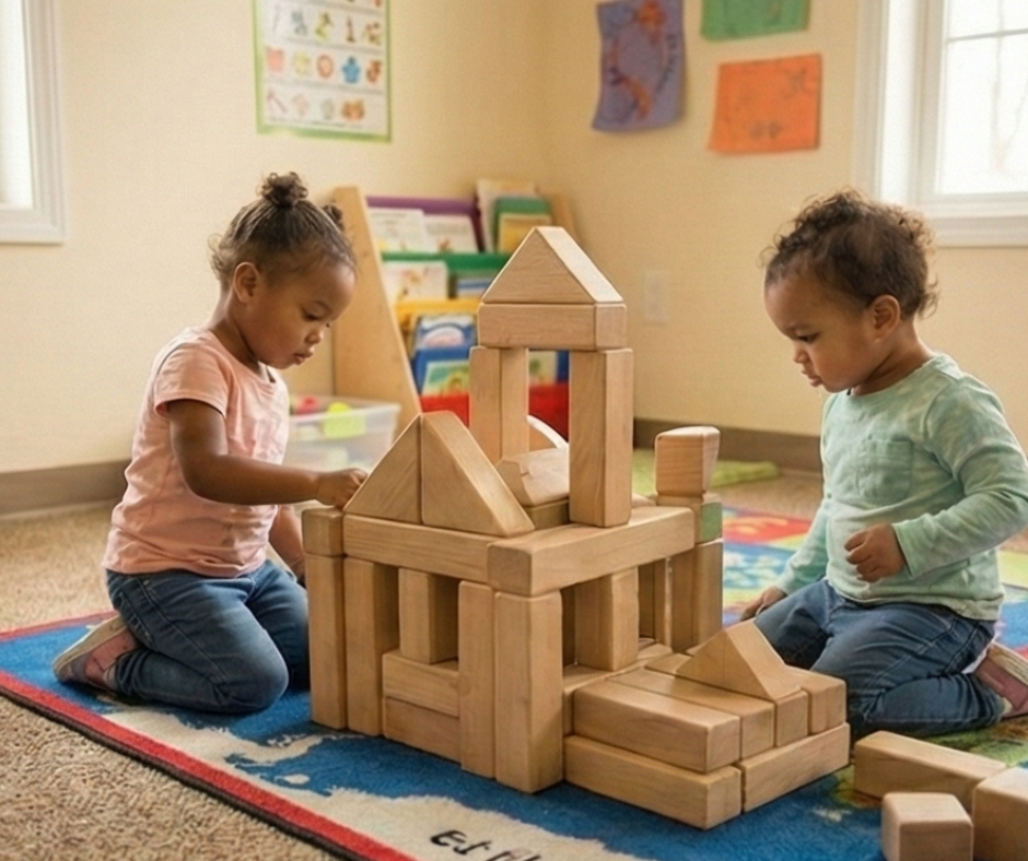 Two children in red shirts at a desk with learning materials in a classroom.