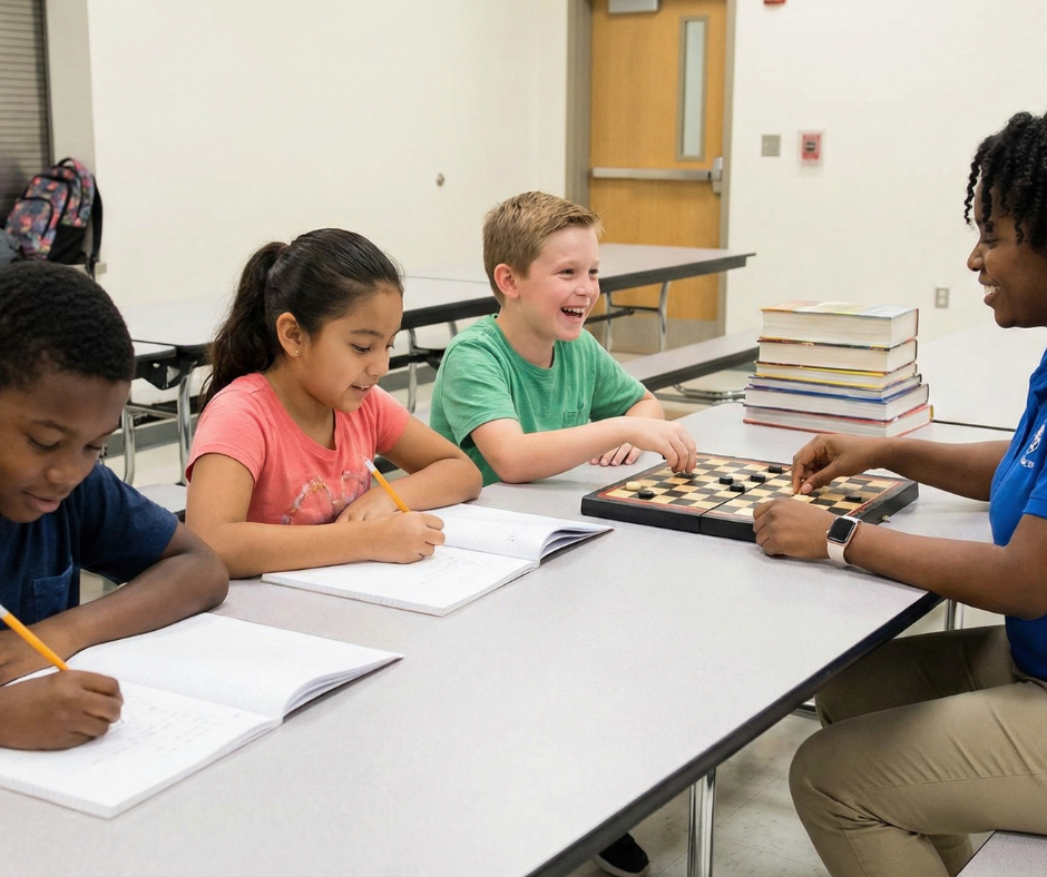 Teacher showing children an abacus in a classroom.