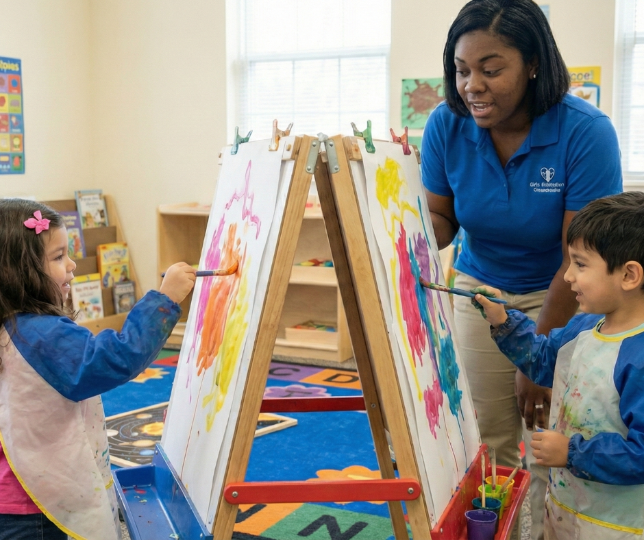 Children painting on easels with a teacher in a brightly lit classroom.