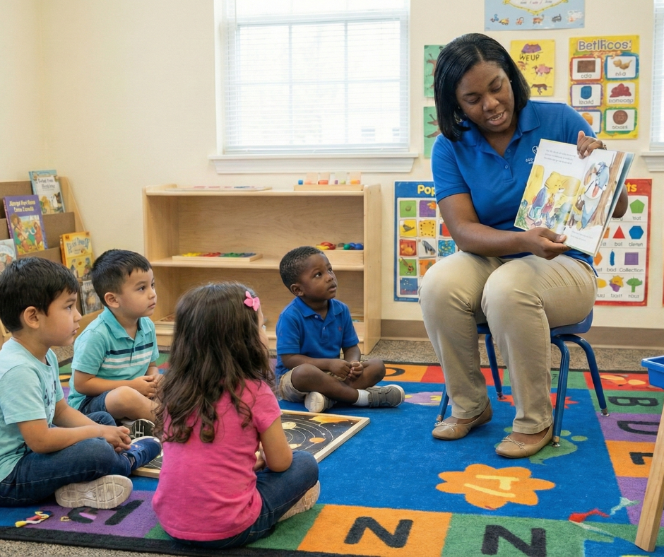 Man reading to a group of children in a classroom.