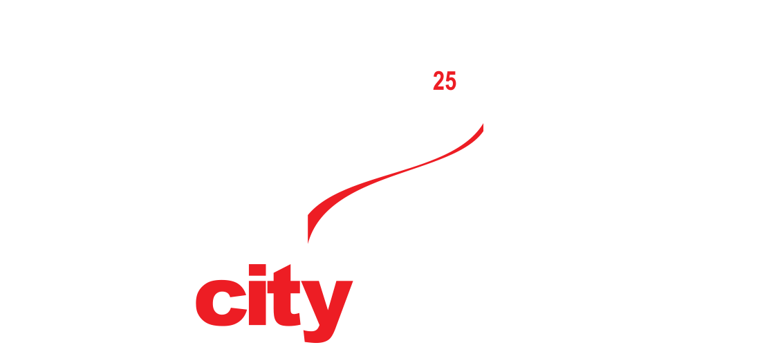 The word city is written in red on a white background.