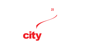 The word city is written in red on a white background.
