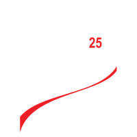 A large red number 25 sits above a smooth, upward-curving red line on a white background.