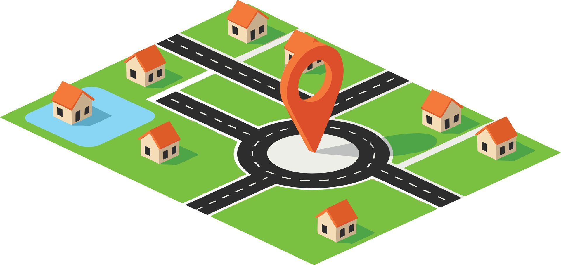 An isometric map shows a small suburban neighborhood with several houses, roads, and a central roundabout with a pin.