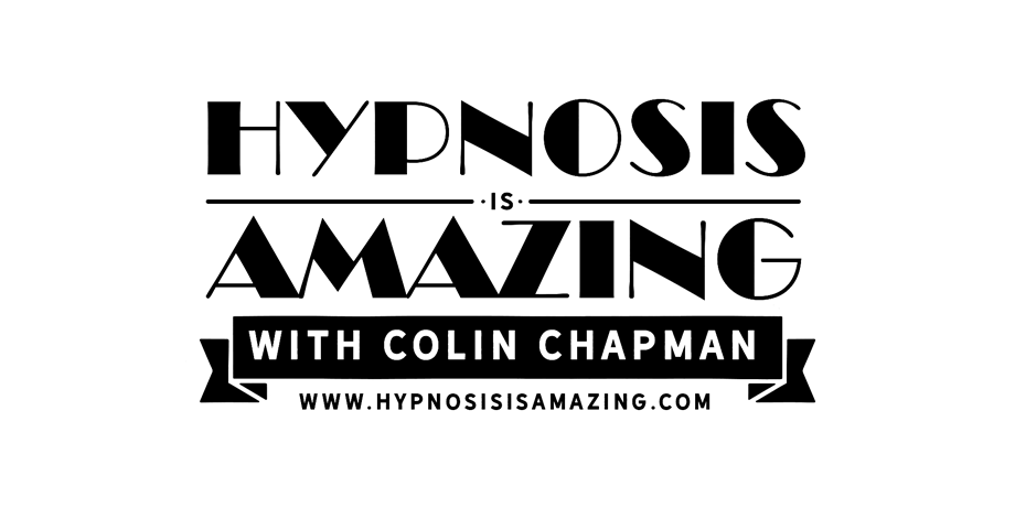 A black and white logo for hypnosis amazing with colin chapman.