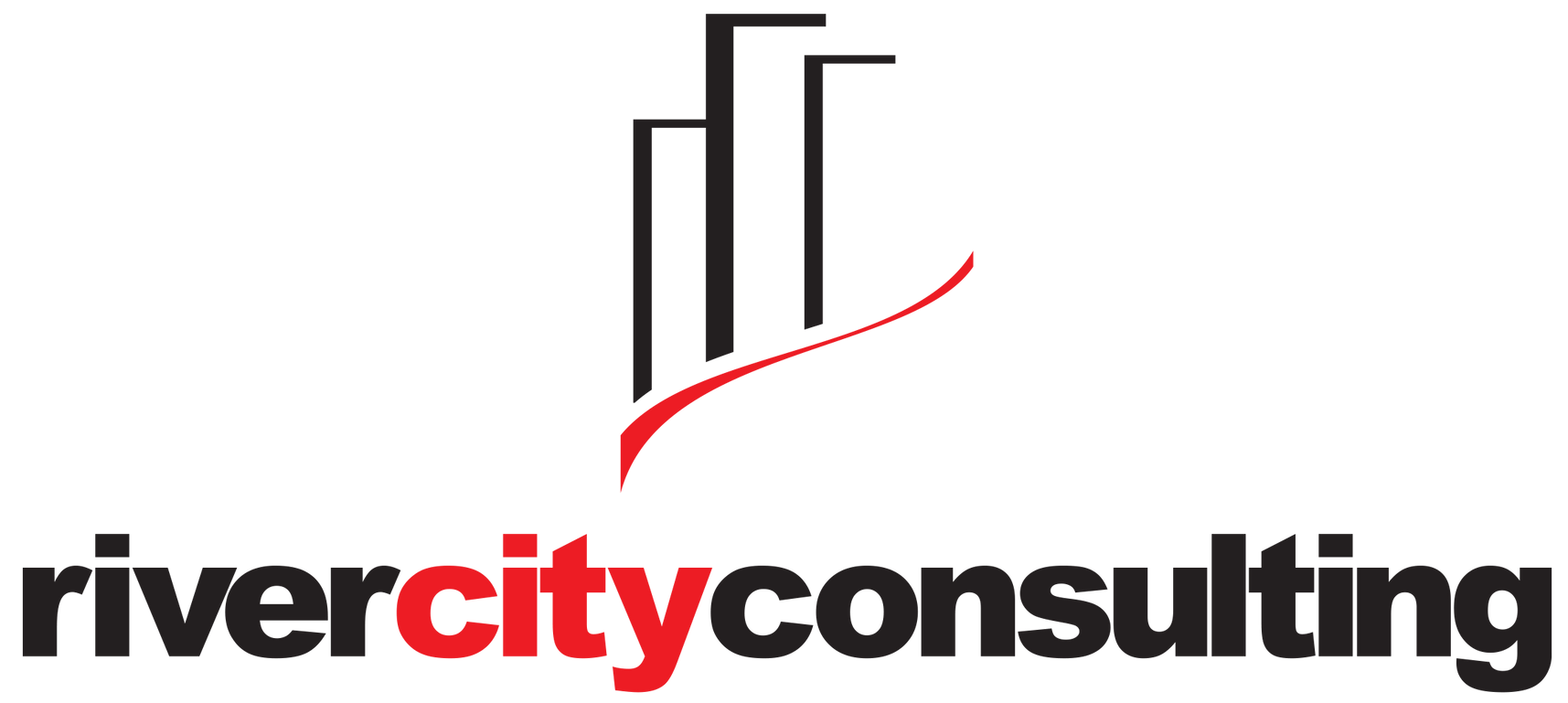 Logo for River City Consulting: black stylized city skyline with a red swoosh above text 