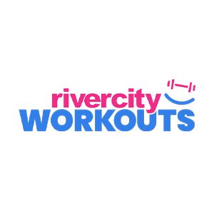 A logo for rivercity workouts with a smiling face and a dumbbell.