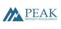 The logo for peak property management is blue and white.