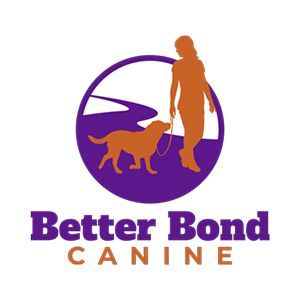 The logo for better bond canine shows a woman walking a dog on a leash