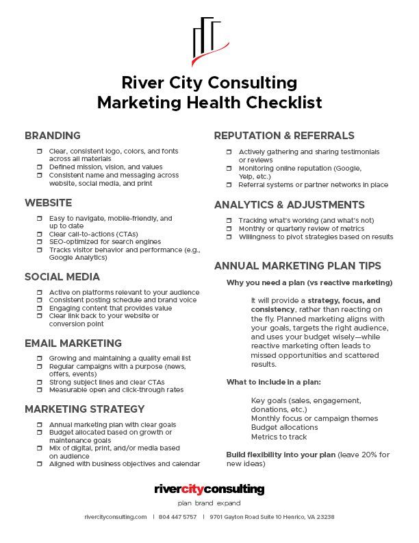 A river city consulting marketing health checklist is a checklist for a marketing plan.