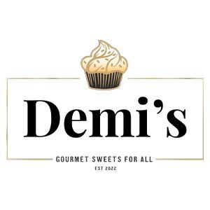 The logo for demi 's cupcakes is a cupcake with frosting on it.