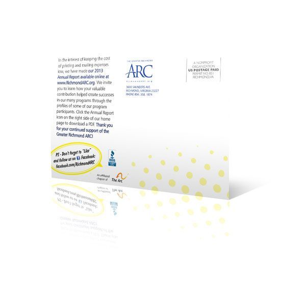 A white card with yellow polka dots and the word arc on it